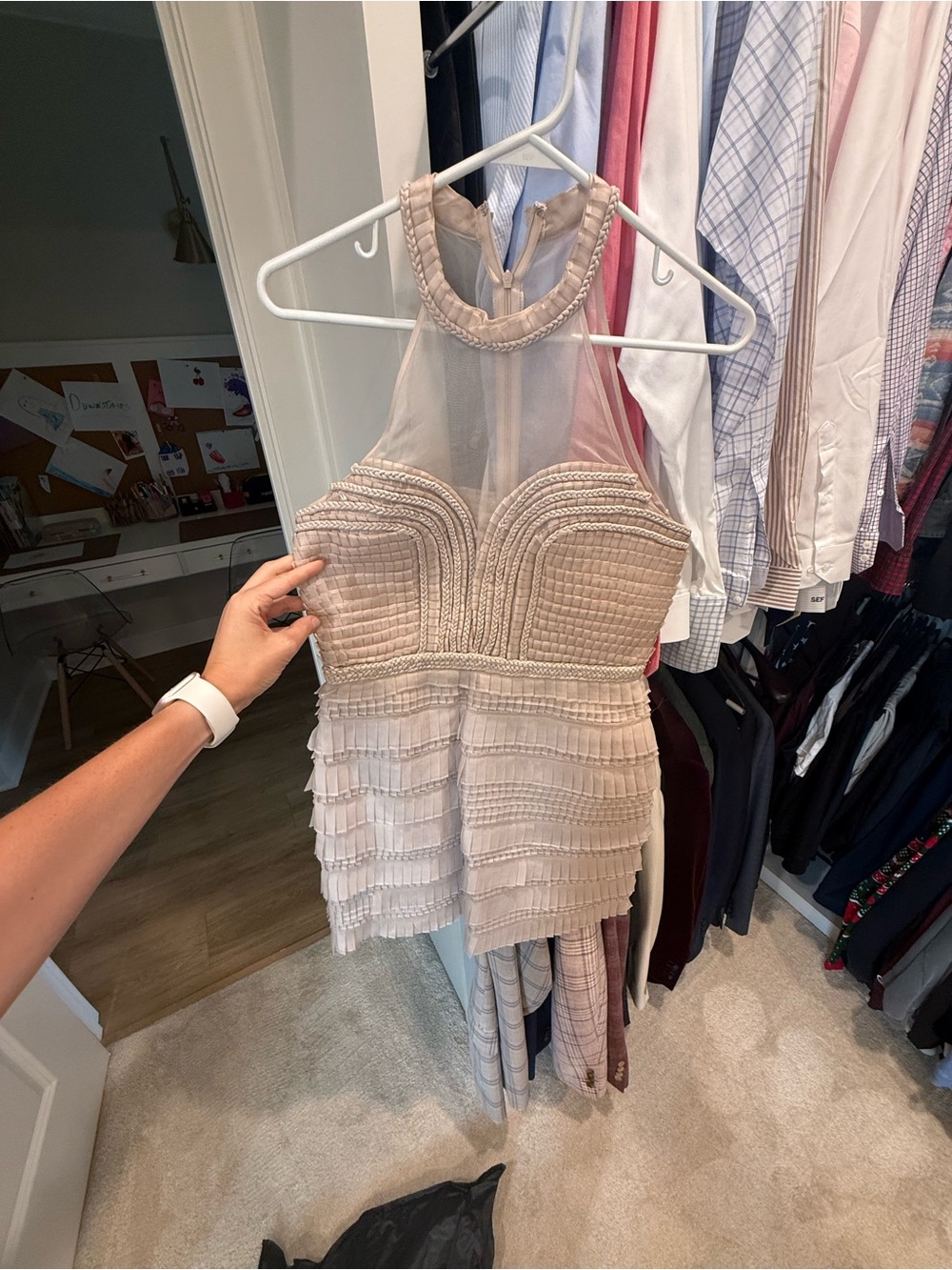 Cynthia Steffe Sleeveless Mesh Yoke Beige Dress